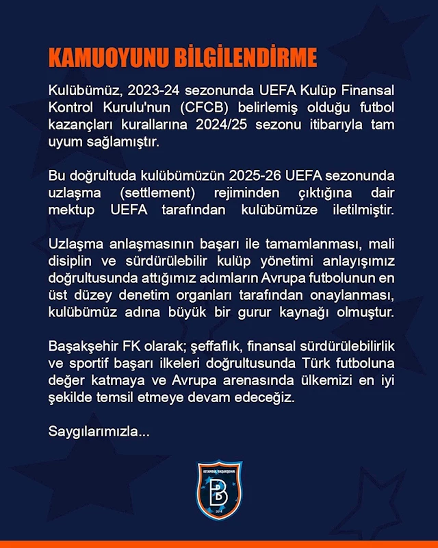 UEFA’dan Başakşehir’e ’Finansal Kontrol’ mektubu

