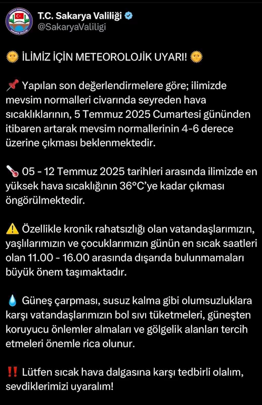 Valilik hava sıcaklıları hususunda uyardı: Sıcaklık yarından itibaren 4-6 derece artacak
