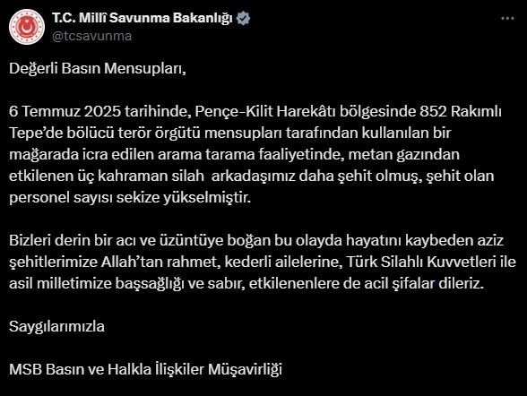 Metan gazından etkilenen 3 asker daha şehit oldu

