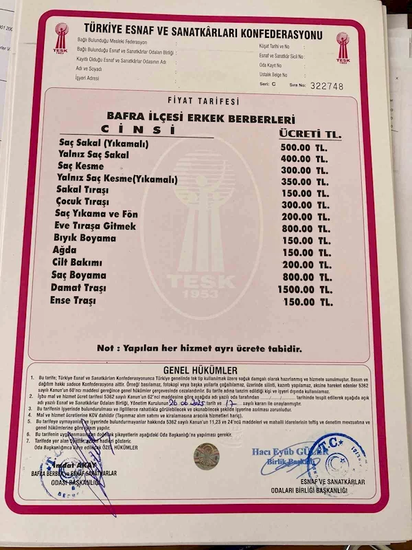 Bafra’da berber ve kuaförlere zam: Ense tıraşı 150 lira
