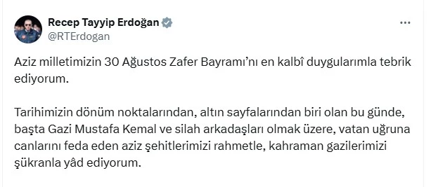 Cumhurbaşkanı Erdoğan’dan 30 Ağustos Zafer Bayramı mesajı
