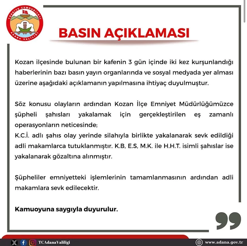 İş yeri kurşunlamasıyla ilgili Adana Valiliği açıklama yaptı
